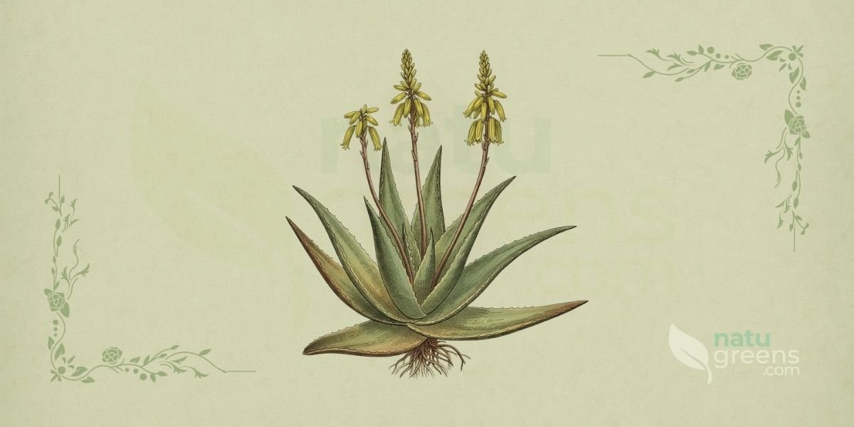 Ilustração botânica de Aloe vera (L.) Burm. f. (babosa, aloé-vera), planta suculenta perene da família Asphodelaceae, nativa da Península Arábica, mostrando uma folha carnuda e espessa, de cor verde-acinzentada, com margens serrilhadas e pequenos dentes brancos, cortada para revelar o gel transparente e mucilaginoso em seu interior, em estilo de enciclopédia botânica do século XIX sobre fundo de papel de herbário.