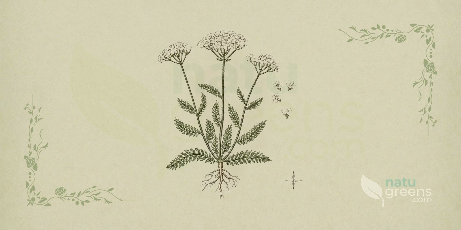 Schafgarbe (Achillea millefolium): botanische Illustration mit fein gefiederten Blättern und weißen bis rosafarbenen Blüten in doldenförmigen Blütenständen, der als Schafgarbe bekannten Pflanze.