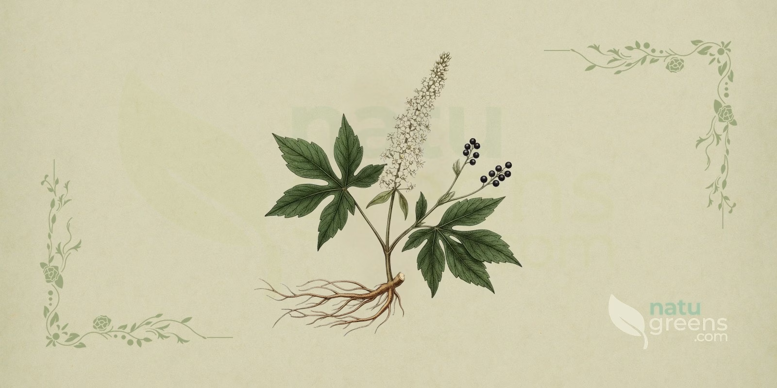 Black Cohosh (Actaea racemosa): botanical illustration showing a knotty rhizome, compound leaves, and long spikes of white flowers, characteristic of the plant used in black cohosh herbal medicine.