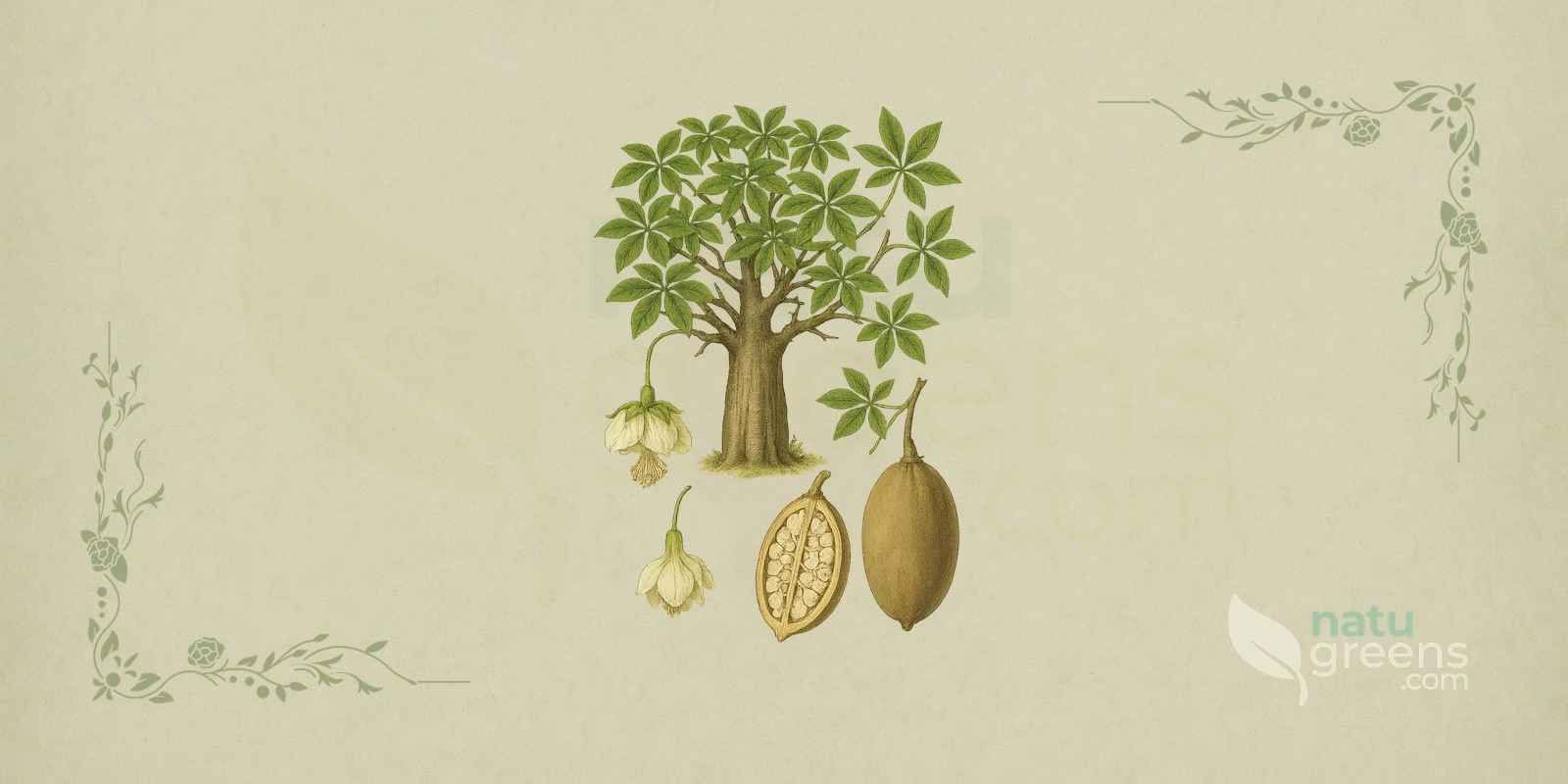 Baobab (Adansonia digitata) botanical illustration showing the thick, bulbous trunk, the canopy of palmate leaves, and the large white flowers typical of this water-storing African tree.