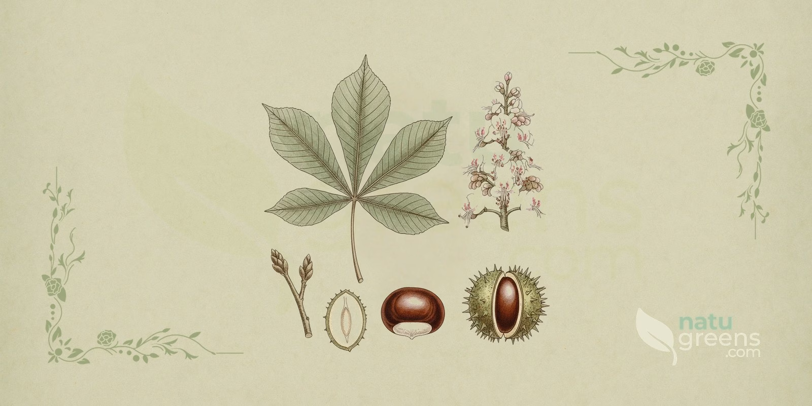Horse chestnut (Aesculus hippocastanum): botanical illustration showing palmate leaves, white flowers in a panicle, and the characteristic spiny fruits.