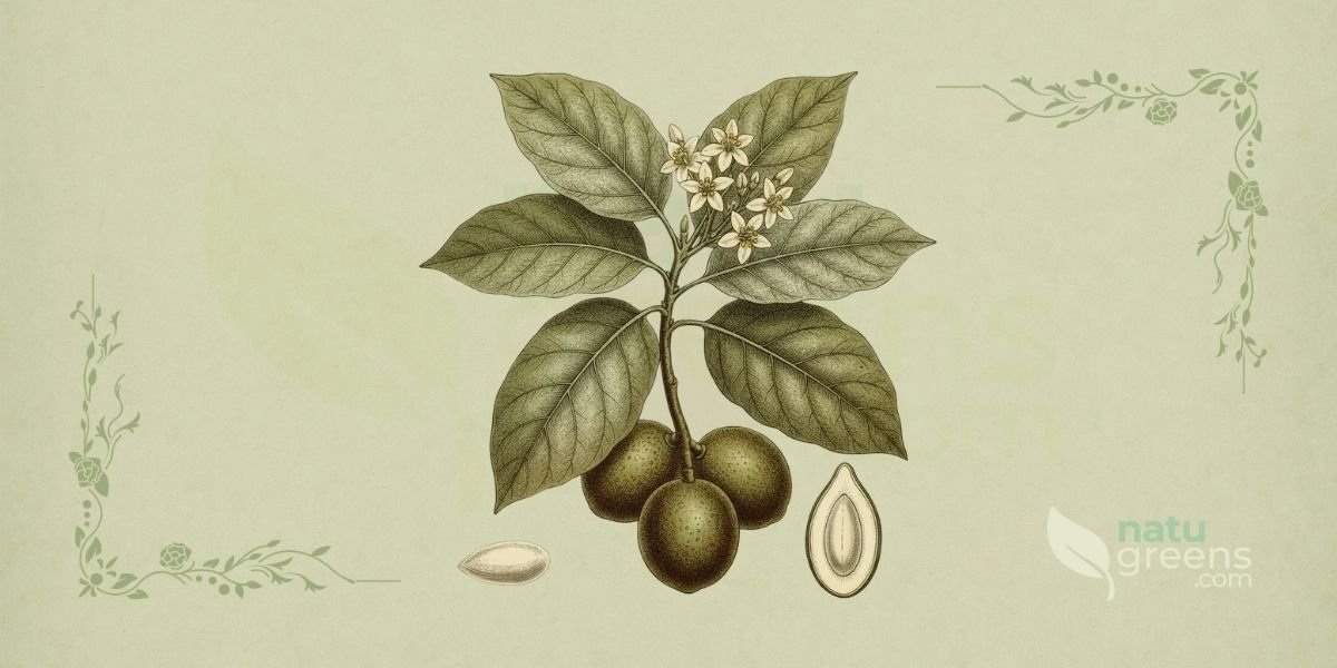 Ilustração botânica de Aleurites moluccanus (L.) Willd. (nogueira-da-índia, noz-da-índia, kukui), árvore tropical da família Euphorbiaceae descrita por Carl Linnaeus em 1753, nativa do Sudeste Asiático, mostrando planta completa com folhas verde-claras, frutos drupáceos de 4-6 cm de diâmetro contendo sementes oleosas, e flores pequenas, em estilo de enciclopédia botânica do século XIX sobre fundo de papel de herbário com tonalidade verde-sálvia. A imagem detalha a estrutura da folha, a inflorescência e o fruto, destacando as características morfológicas da espécie.