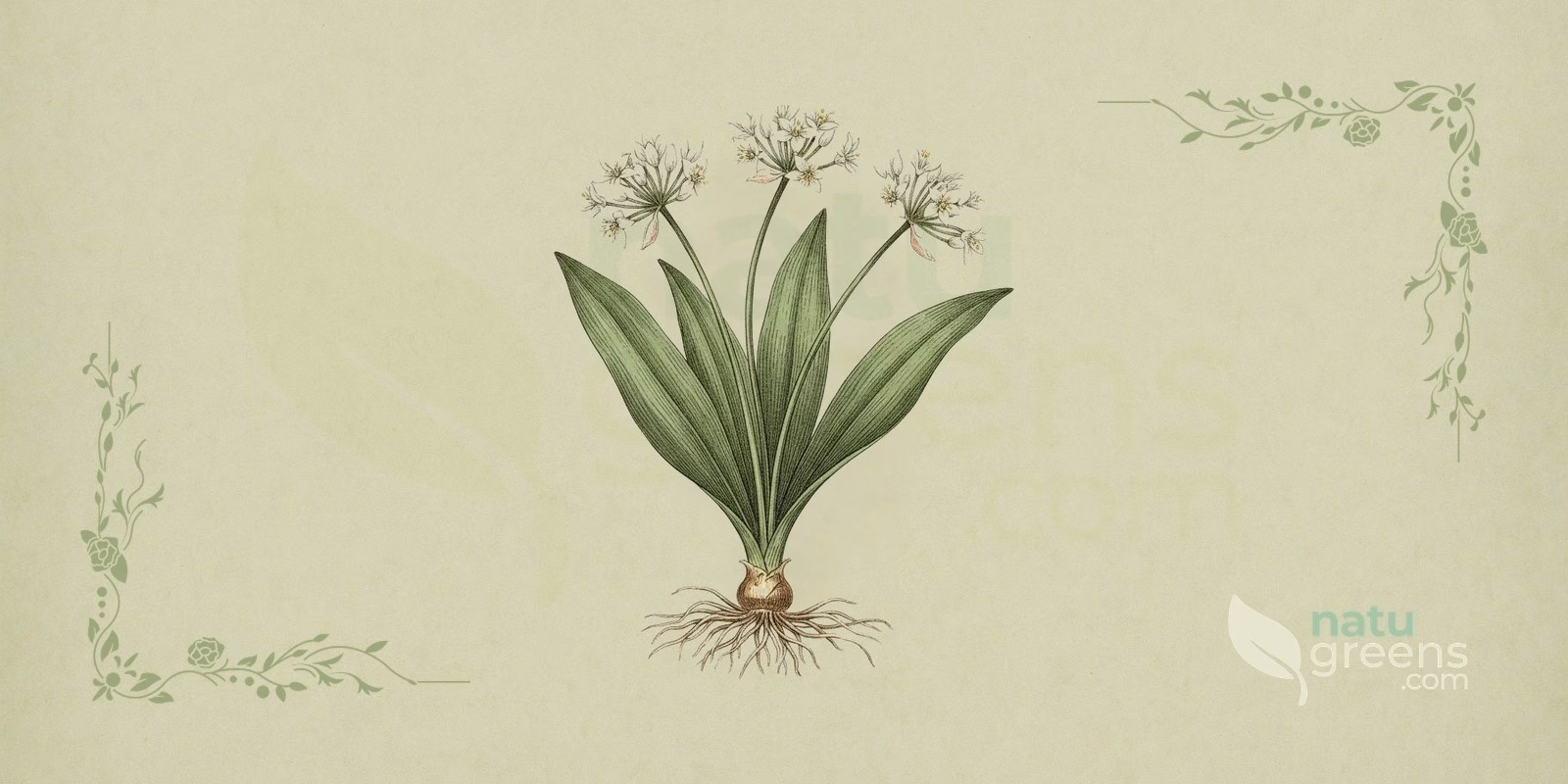 Wild Garlic (Allium ursinum) in a botanical illustration highlighting the broad, glossy leaves and the white flowers gathered in an umbel, features used to recognize wild garlic.