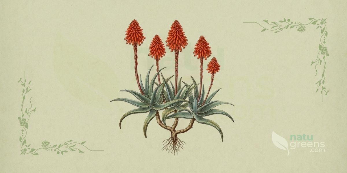 Ilustração botânica de Aloe arborescens Mill. (babosa, aloé-candelabro, krantz aloe), planta suculenta perene da família Asphodelaceae descrita por Philip Miller em 1768, nativa da África do Sul, mostrando planta completa com caules ramificados, rosetas de folhas carnudas e lanceoladas, e inflorescências de flores vermelho-coral, em estilo de enciclopédia botânica do século XIX sobre fundo de papel de herbário.