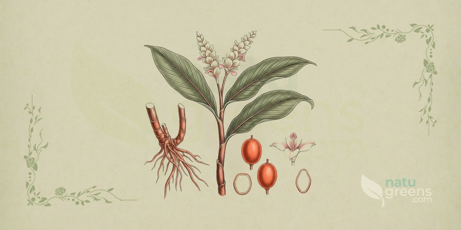 Galanga (Alpinia galanga) i botanisk illustration med lancetformede blade og aromatisk rhizom, typiske træk for stor galanga, et asiatisk krydderi fra ingefærfamilien.