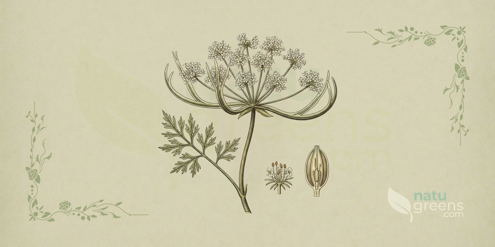 Khella (Ammi visnaga) in a botanical illustration showing compound umbels of small white flowers, leaves divided into fine, almost thread-like segments, and dried fruits, the part of khella most used in tradition.