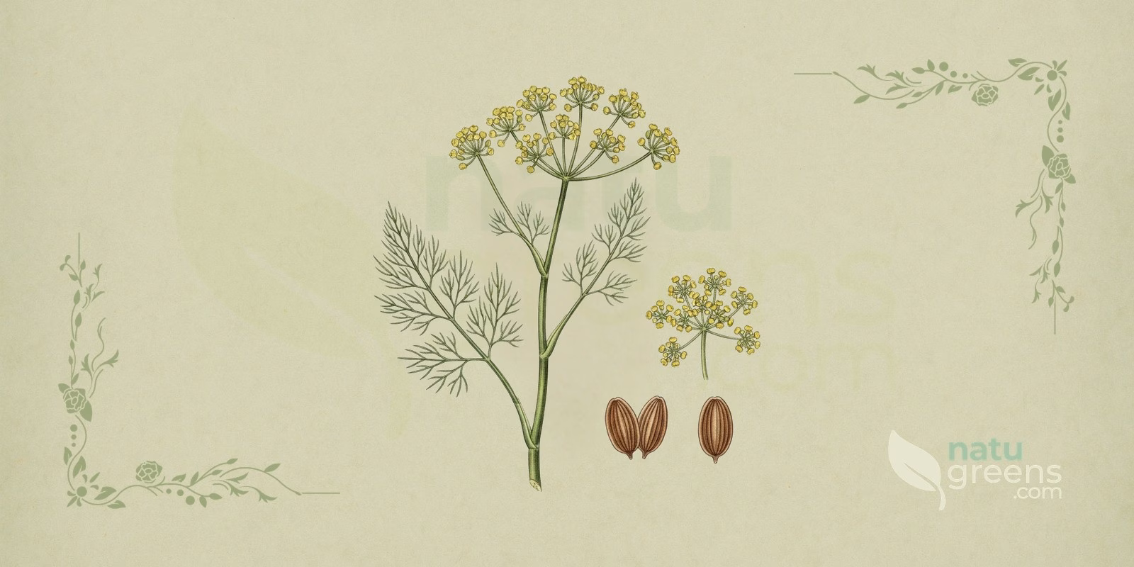 Koperek (Anethum graveolens): ilustracja botaniczna przedstawiająca ciemnozielone, nitkowate liście oraz żółte baldachy kwiatowe rośliny kopru.