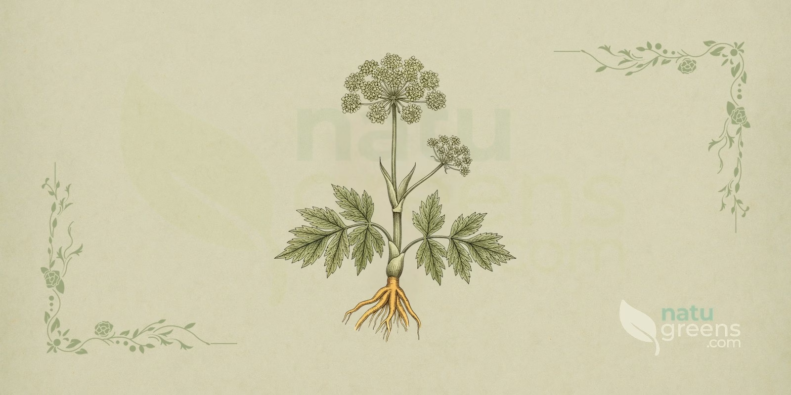 Kvan (Angelica archangelica) i botanisk illustration med kugleformede skærme af små grønlige blomster, hule stængler og sammensatte blade; kvan tilhører familien Apiaceae.