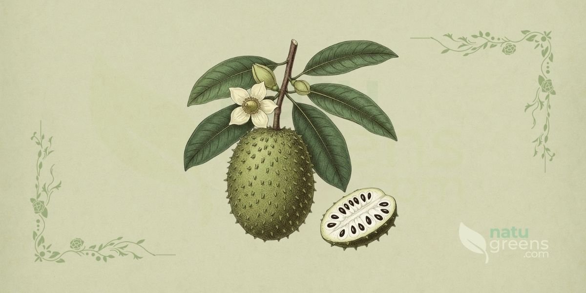 Ilustração botânica de Annona muricata L. (graviola, jaca-do-pará, jaca-de-pobre), árvore frutífera tropical da família Annonaceae, descrita por Carl Linnaeus, nativa da América Central e cultivada em regiões tropicais, mostrando o fruto oval-coração com casca verde-escura coberta por espinhos macios, folhas verdes brilhantes e flores amareladas. A imagem é apresentada em estilo de enciclopédia botânica do século XIX sobre fundo de papel de herbário com tonalidade verde-sálvia, destacando a textura e a forma característica do fruto e da folhagem.