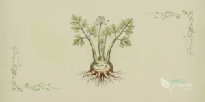 Aipo (Apium graveolens): ilustração botânica de talos verdes, folhas compostas e flores em umbela da planta conhecida como aipo, usada em preparações culinárias e fitoterápicas.