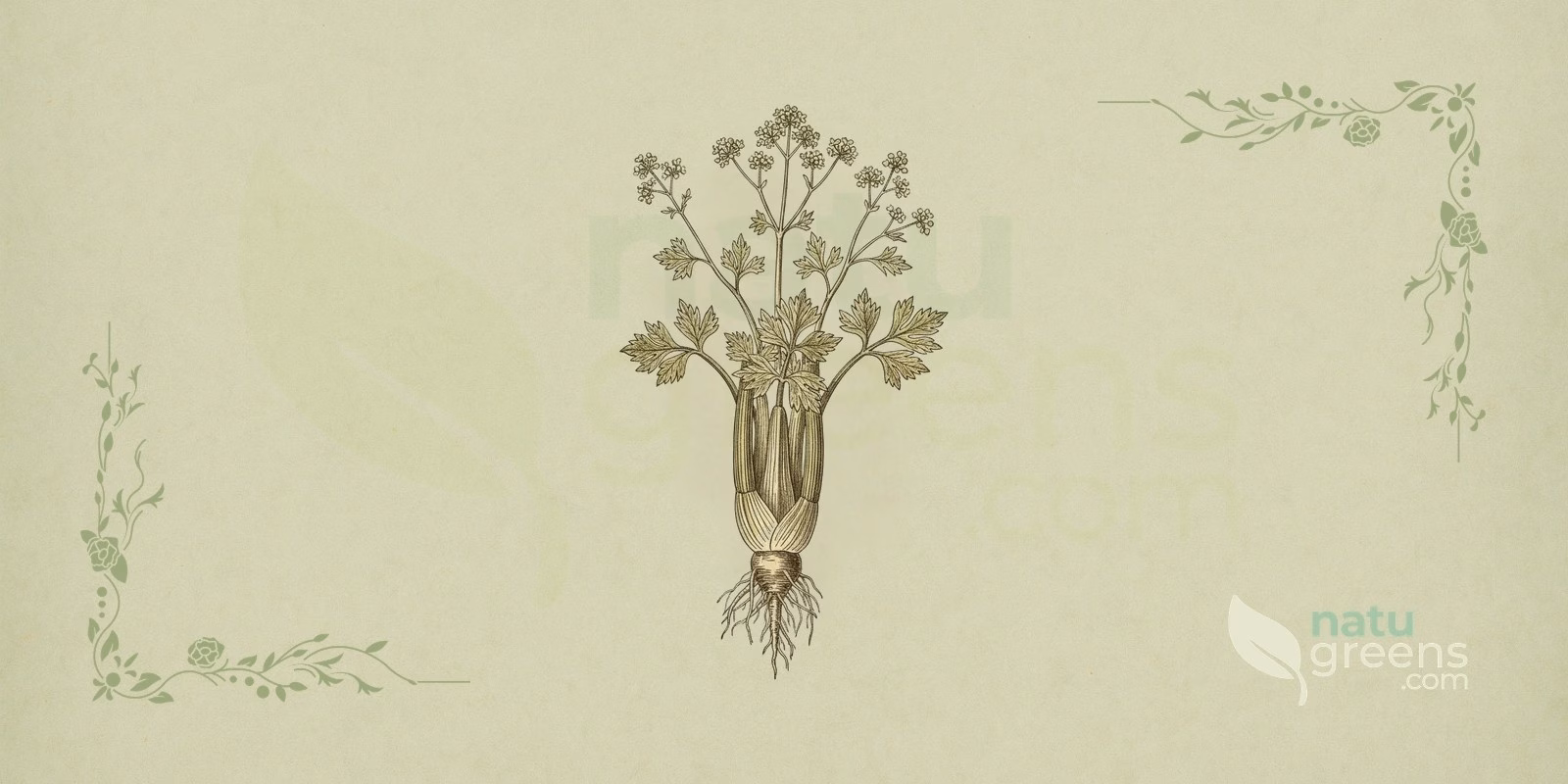 Apium graveolens (selderij): botanische illustratie van groene stengels, samengestelde bladeren en schermbloemen van de plant die bekendstaat als selderij, gebruikt in culinaire en fytotherapeutische bereidingen.