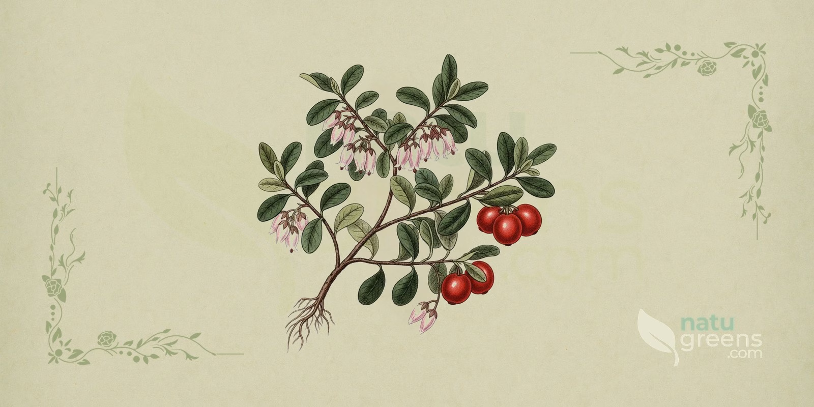 Berendruif (Arctostaphylos uva-ursi): botanische illustratie van een kruipende struik met leerachtige bladeren en rode vruchten.