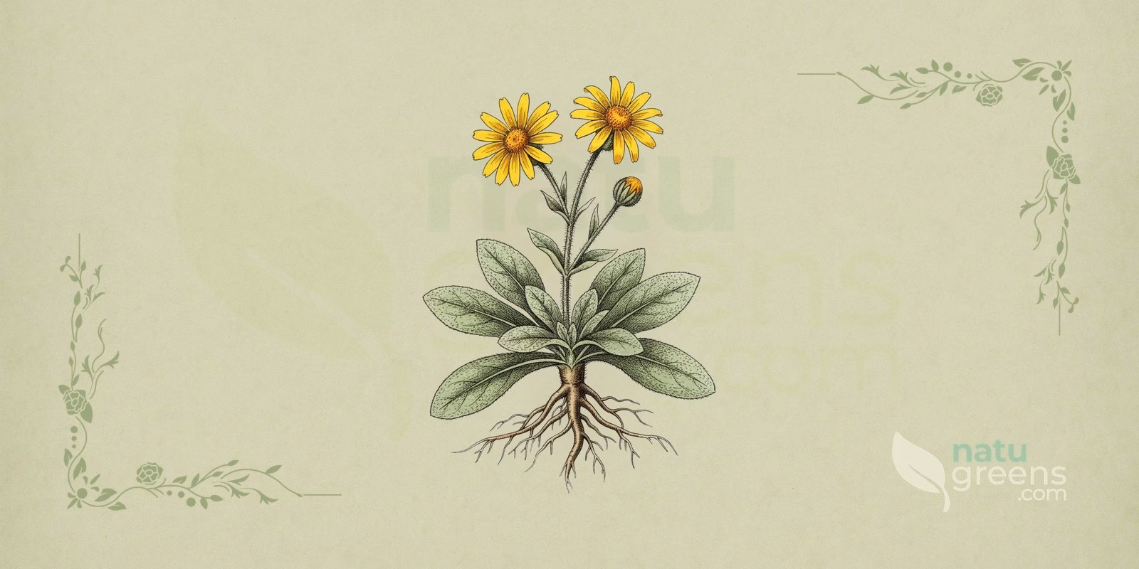 Arnica (Arnica montana): botanical illustration of arnica showing yellow flower heads, basal rosette leaves, and an upright stem.