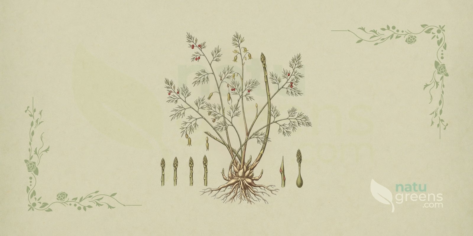 Espárrago (Asparagus officinalis): ilustración botánica de los turiones y el follaje ramificado del espárrago, planta herbácea de la familia Asparagaceae.