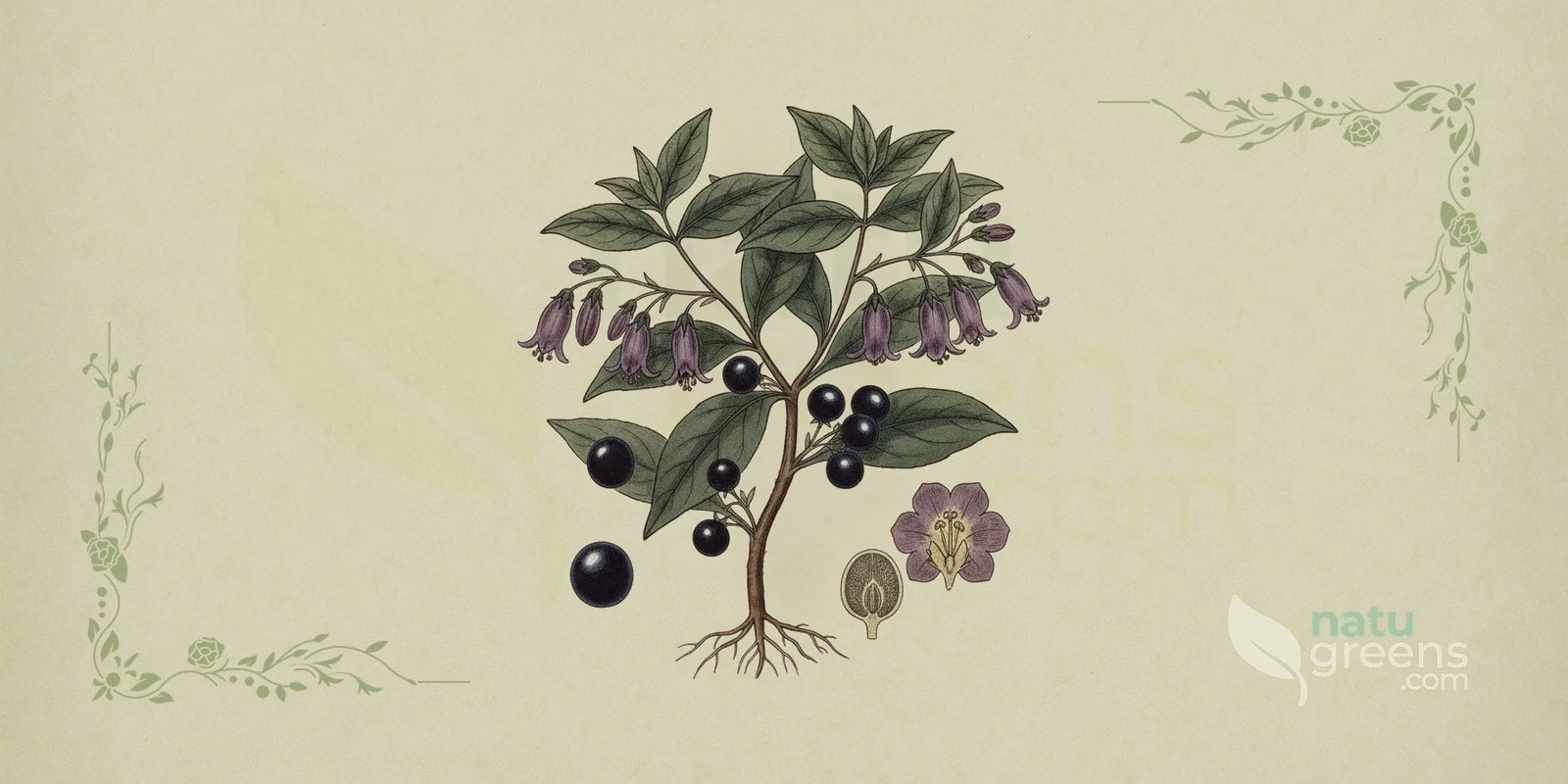 Deadly nightshade (Atropa belladonna): vintage-style botanical illustration showing the oval leaves and glossy black berries of this toxic plant from the Solanaceae family.