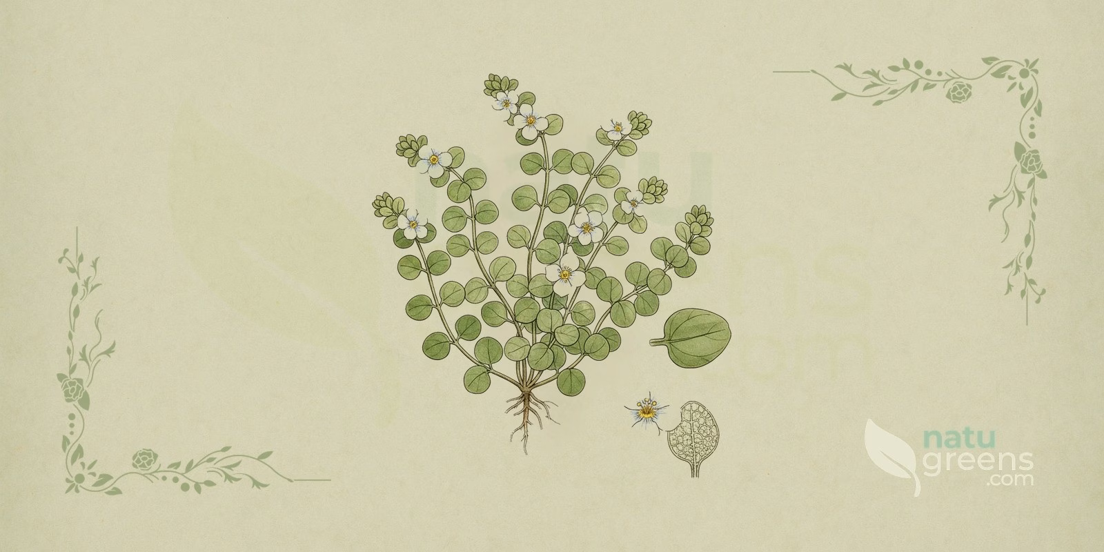 Bacopa (Bacopa monnieri): botanical illustration showing succulent, oblong leaves along the creeping stem and a small white flower with four to five petals, a plant known as bacopa.