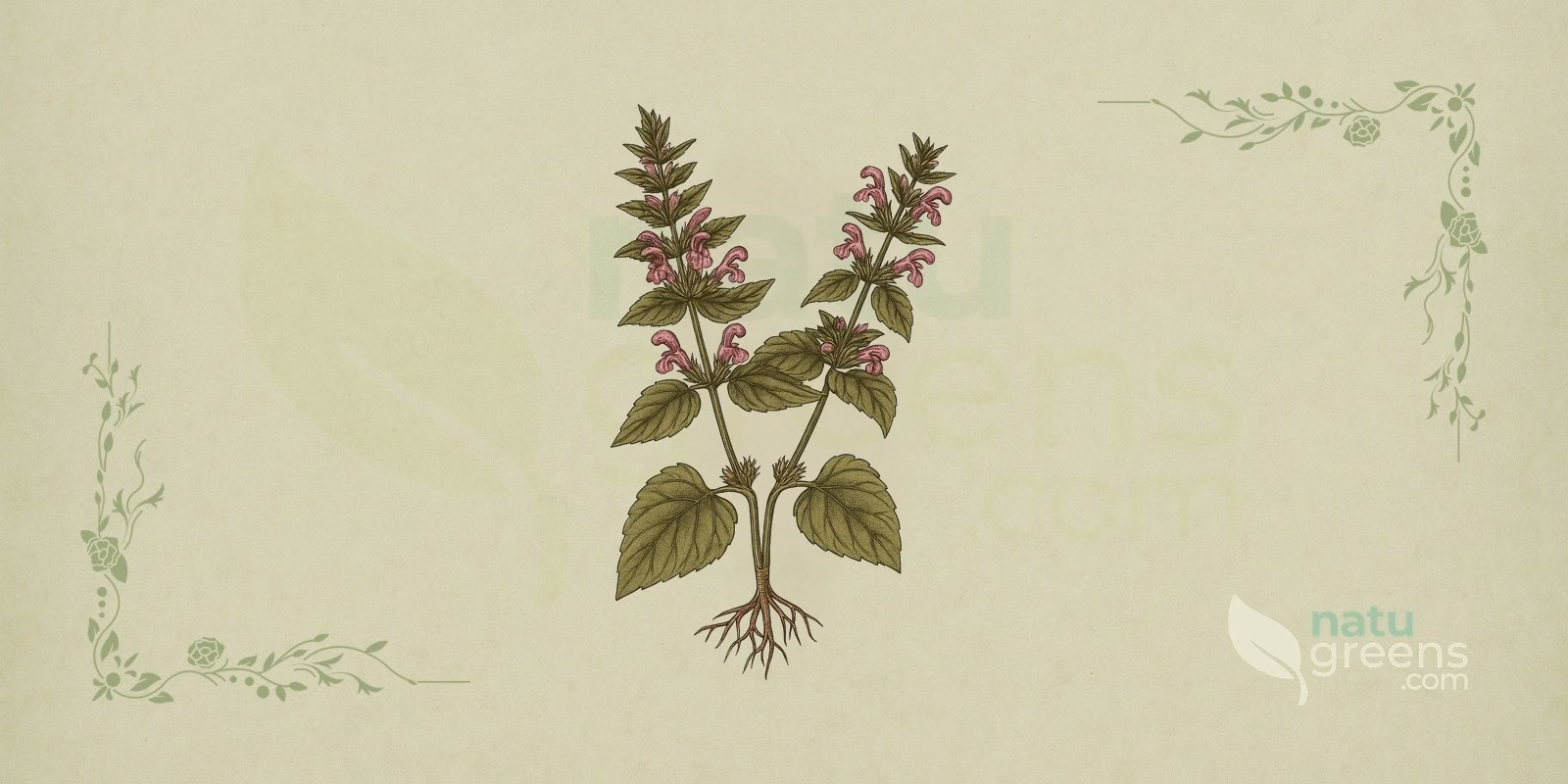 Tandbæger (Ballota nigra) i en botanisk illustration: hele planten med modsatte, ægformede til hjerteformede, rynkede, behårede og tandede blade og kranse af rørformede blomster i purpur til rosa, det typiske udseende hos tandbæger.