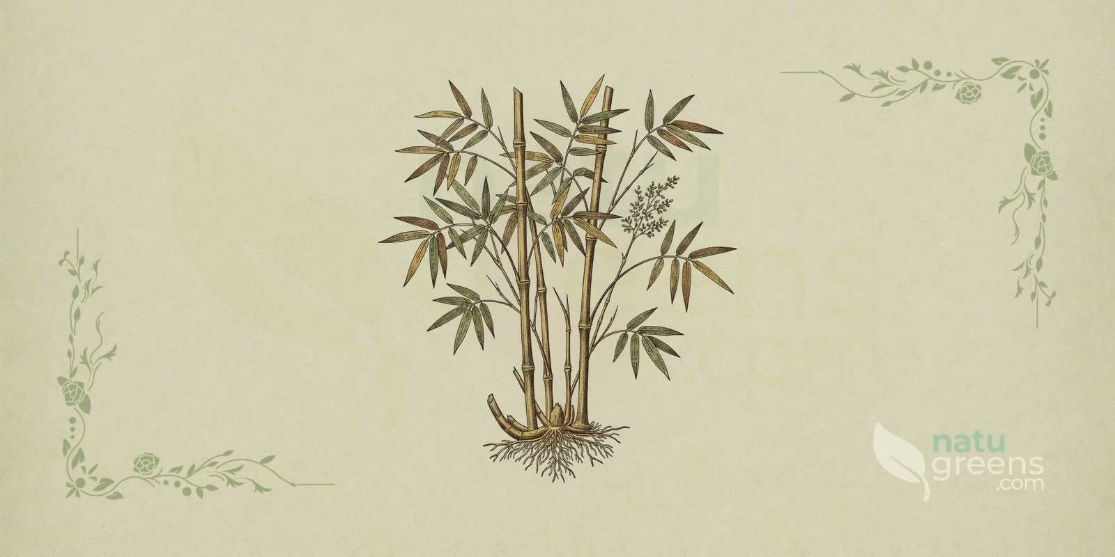 Common Bamboo (Bambusa vulgaris): botanical illustration with lemon-yellow culms striped in green, elongated leaves, and dense clumps typical of this widely cultivated species.