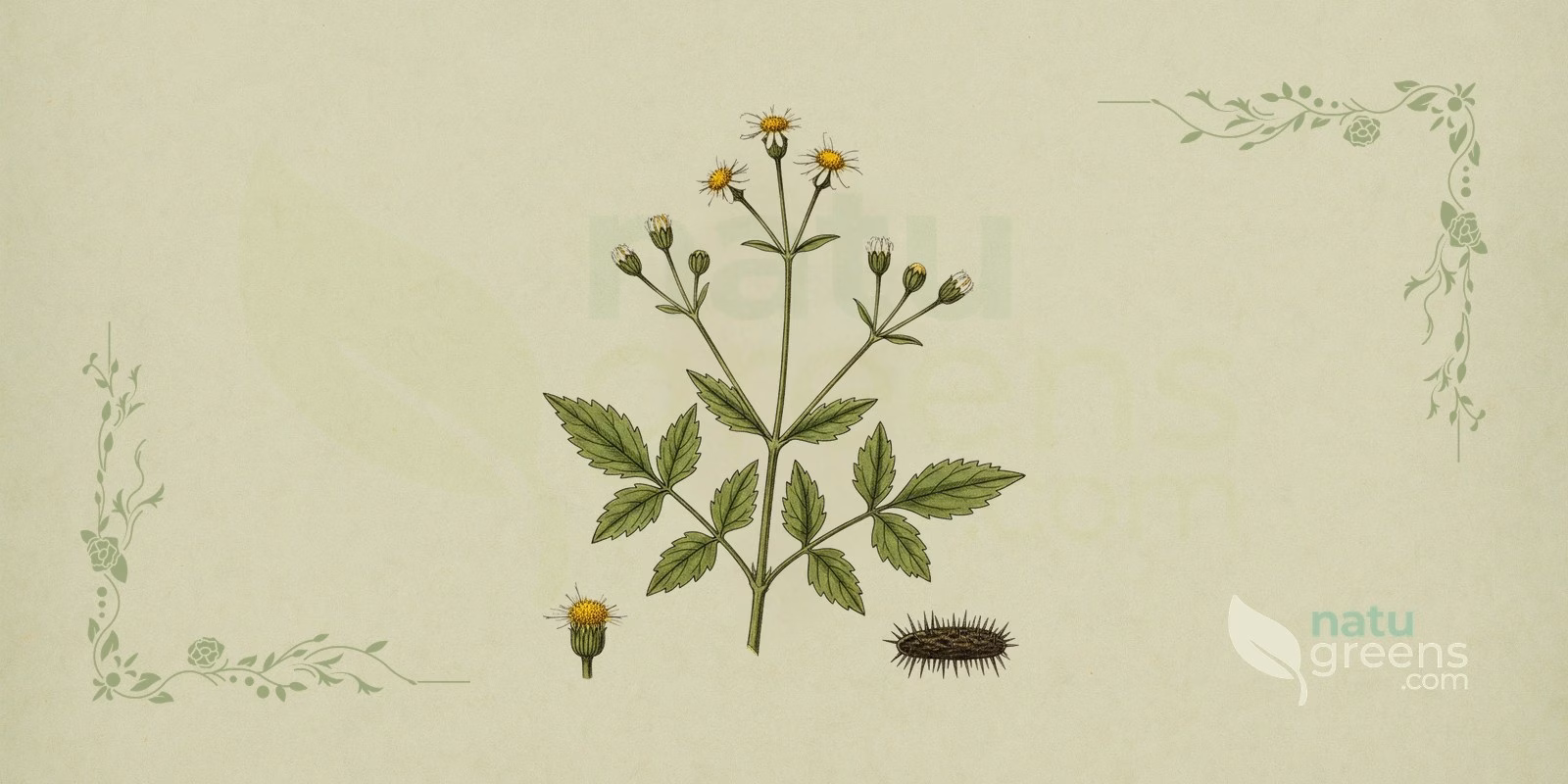 Hairy Beggarticks (Bidens pilosa) in a botanical illustration showing branches with serrated leaves, flower heads with yellow centers and elongated fruits with awns, features that identify hairy beggarticks.