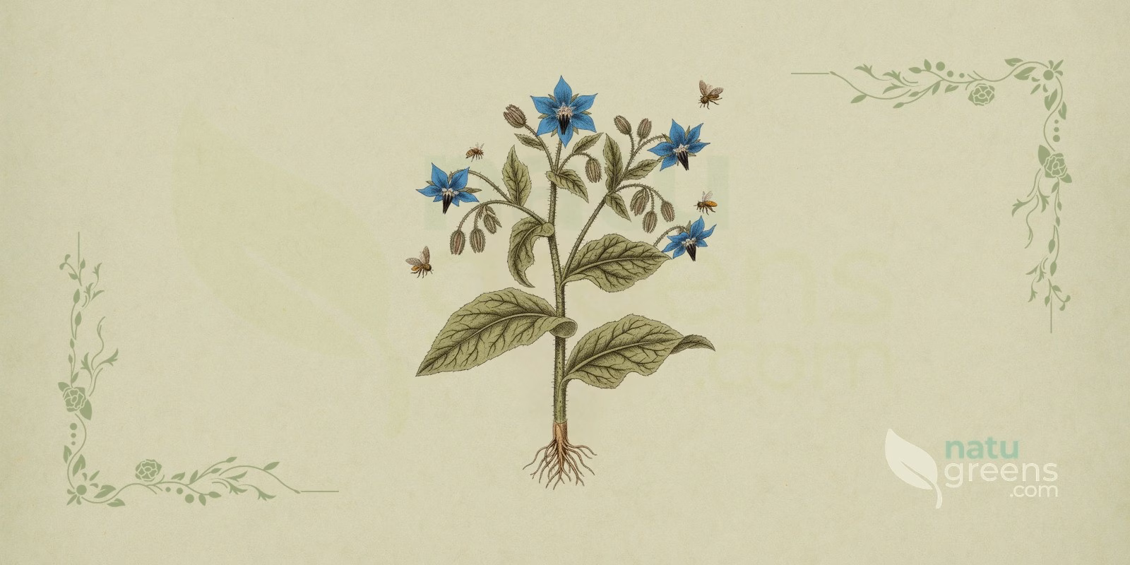 Borage (Borago officinalis): botanical illustration showing star-shaped blue-violet flowers and the rough, hairy leaves typical of the plant.