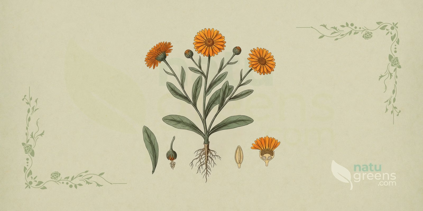 Pot Marigold (Calendula officinalis): botanical illustration of the orange flower head with lanceolate leaves and a herbaceous stem.