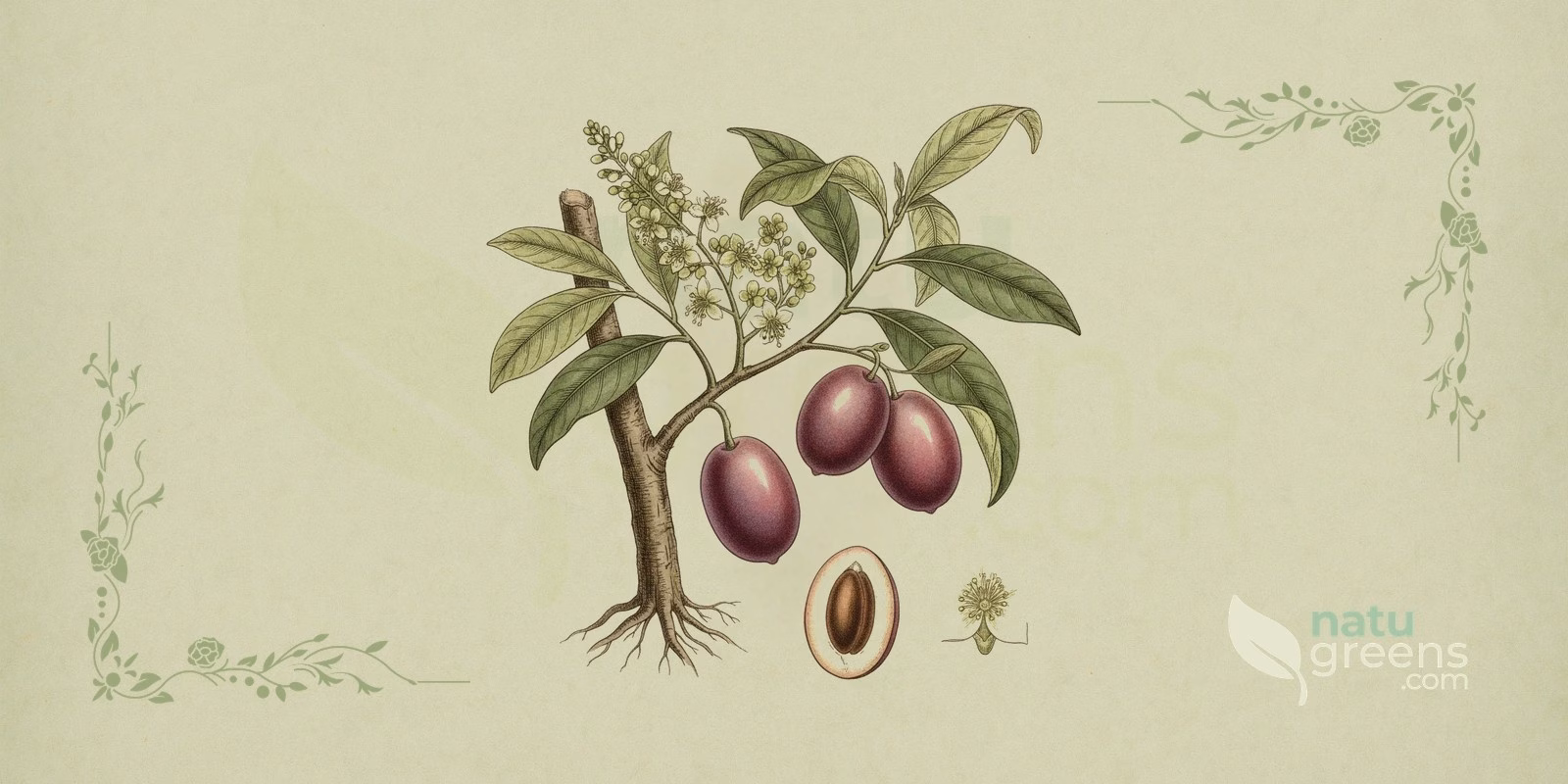 Elemi (Canarium luzonicum): detailed botanical illustration showing the resin-producing trunk, compound leaves, and the translucent aromatic resin characteristic of elemi.