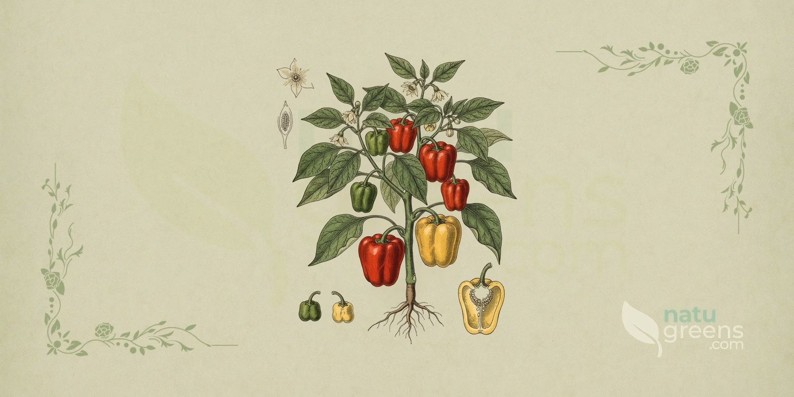 Bell Pepper (Capsicum annuum): botanical illustration of the conical or elongated fruit, oval leaves, and white flowers of the bell pepper plant.
