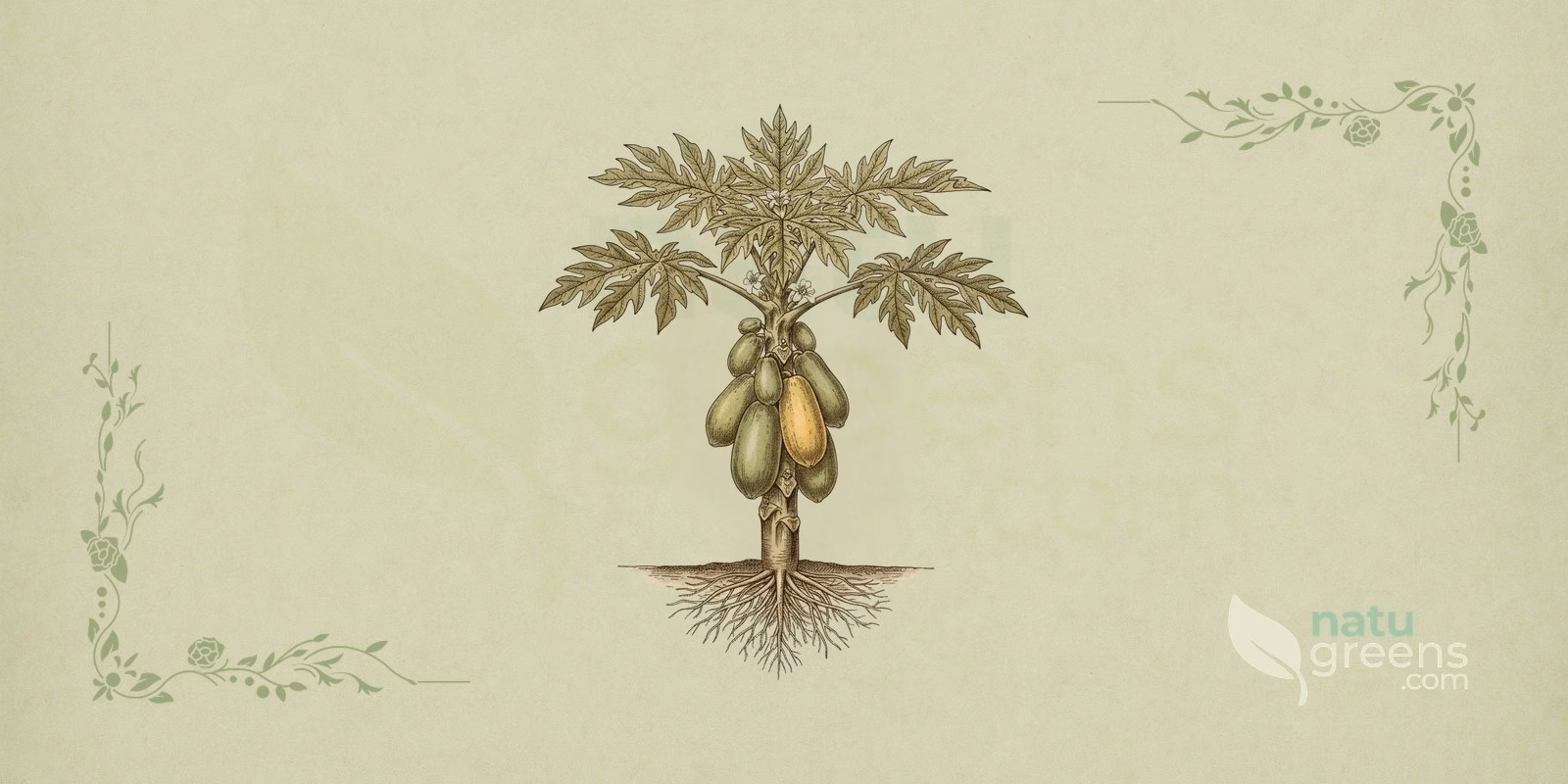 Papaya (Carica papaya) in an encyclopedic-style botanical illustration: whole plant with a single trunk, large palmate leaves and oval to elongated papaya fruits with orange flesh and central black seeds, on a sage-green background.