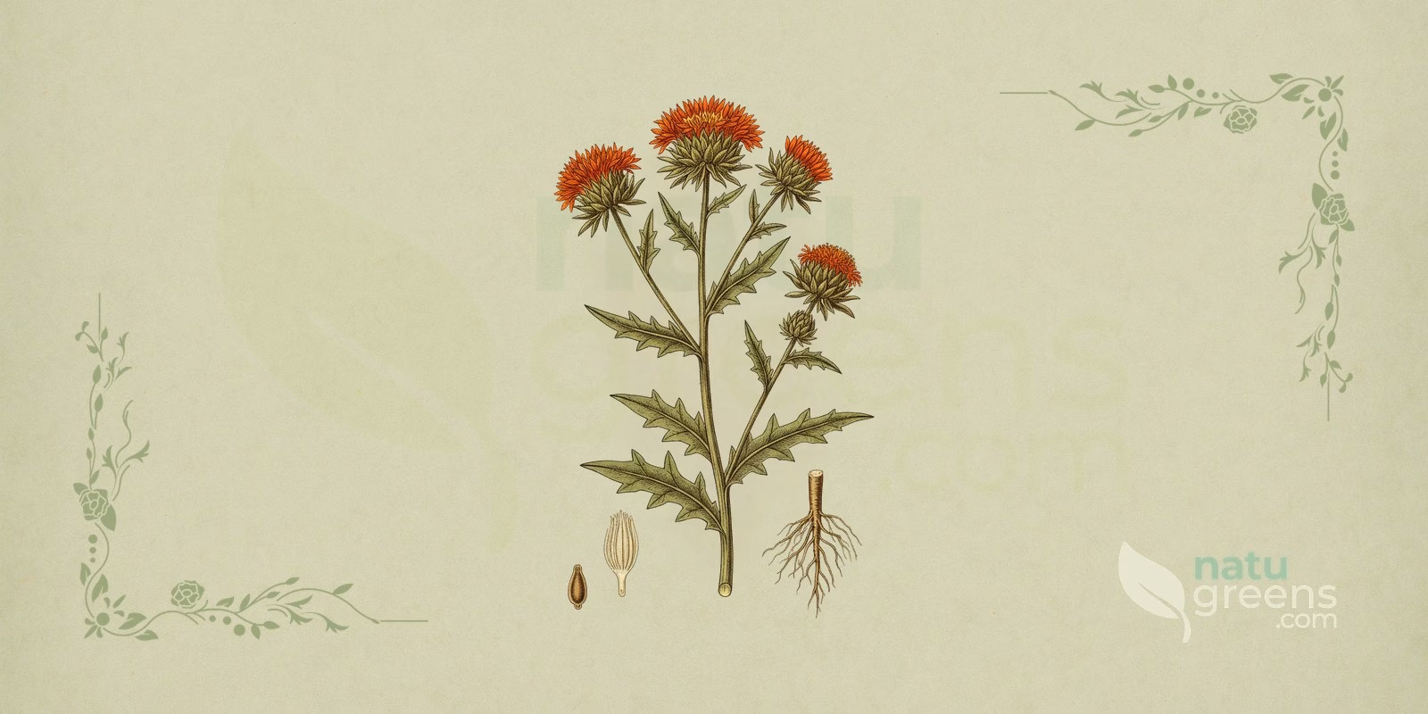 Färberdistel (Carthamus tinctorius) als botanische Illustration mit gelborangen Blütenkörbchen aus Röhrenblüten, Hüllblättern und den typisch gezähnten Blättern der Färberdistel.