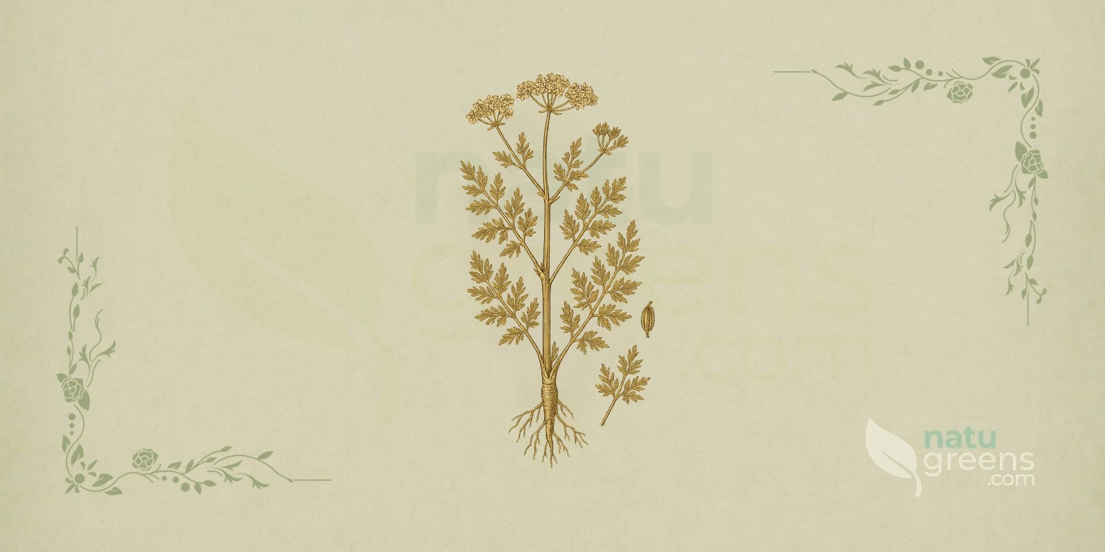 Caraway (Carum carvi): botanical illustration showing ridged fruits and finely divided leaves of the caraway plant.
