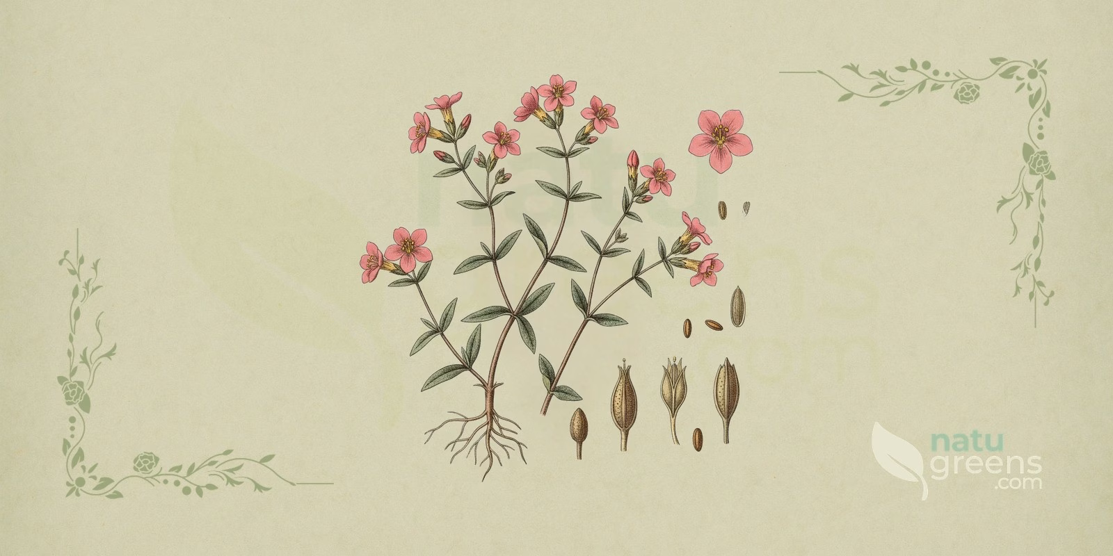 Common Centaury (Centaurium erythraea): botanical illustration showing erect stems, opposite triangular leaves, and pink or lilac flowers typical of this Gentianaceae species.