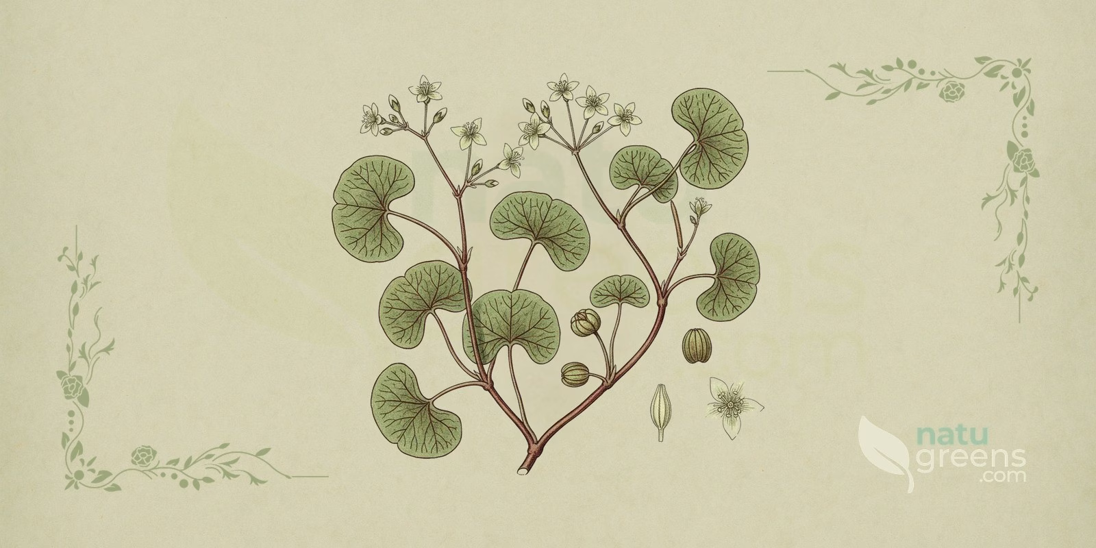 Gotu Kola (Centella asiatica): botanical illustration of a low-growing plant with rounded, wavy-edged reniform leaves and small white to purple flowers, a species known as gotu kola.