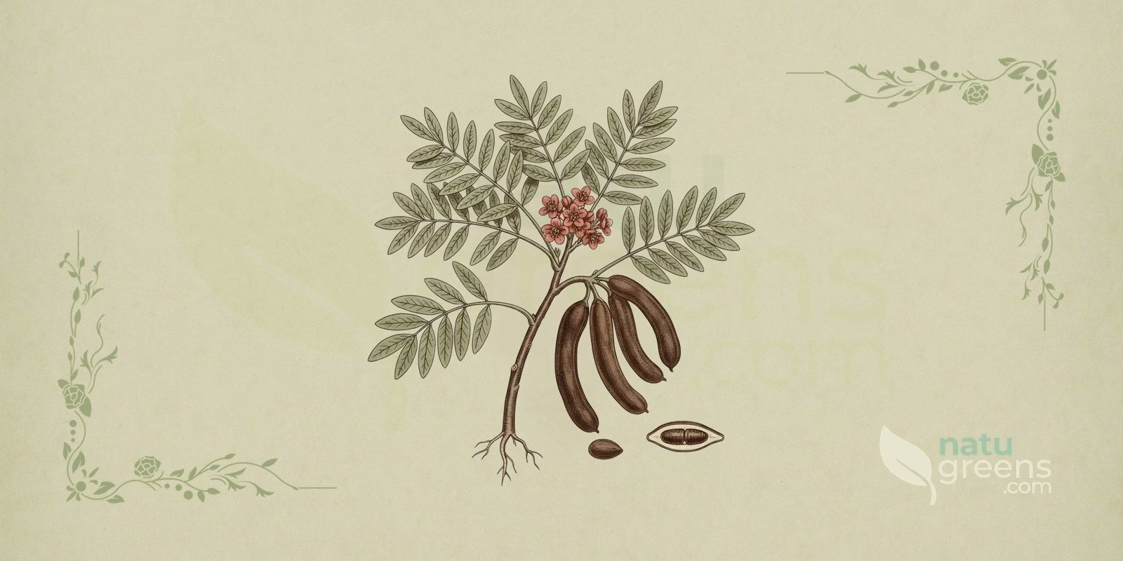 Carob Tree (Ceratonia siliqua): botanical illustration showing dark brown elongated pods, dark green compound leaves, and the small flowers of this Mediterranean tree in the Fabaceae family.