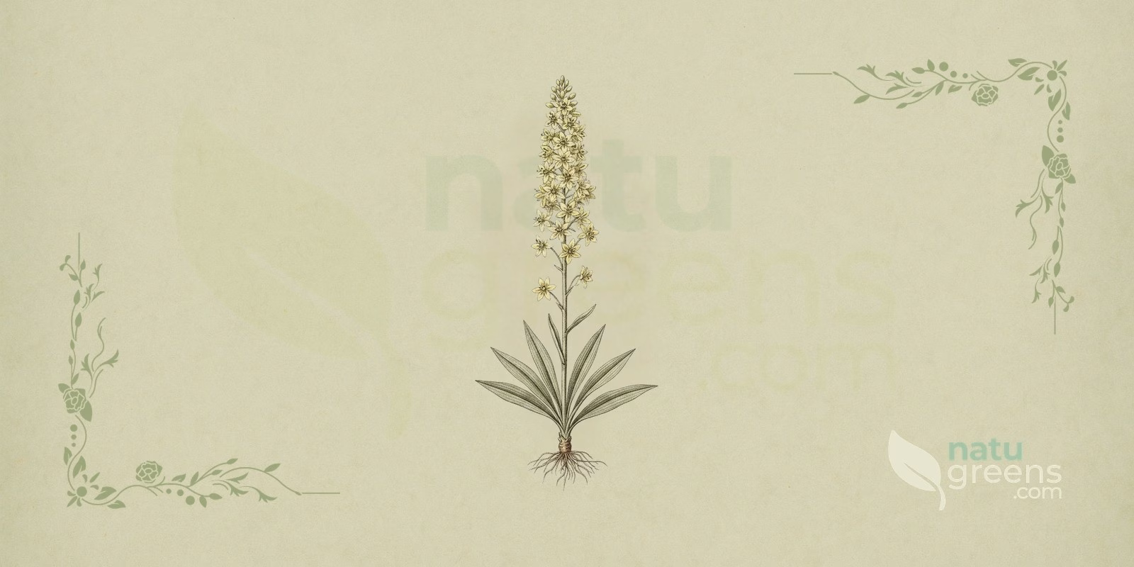 Chamaelirium luteum in a 19th-century encyclopedia-style botanical illustration, with a basal rosette of dark green leaves, a flowering stem bearing a spike of white flowers, a short rhizome and fibrous roots.