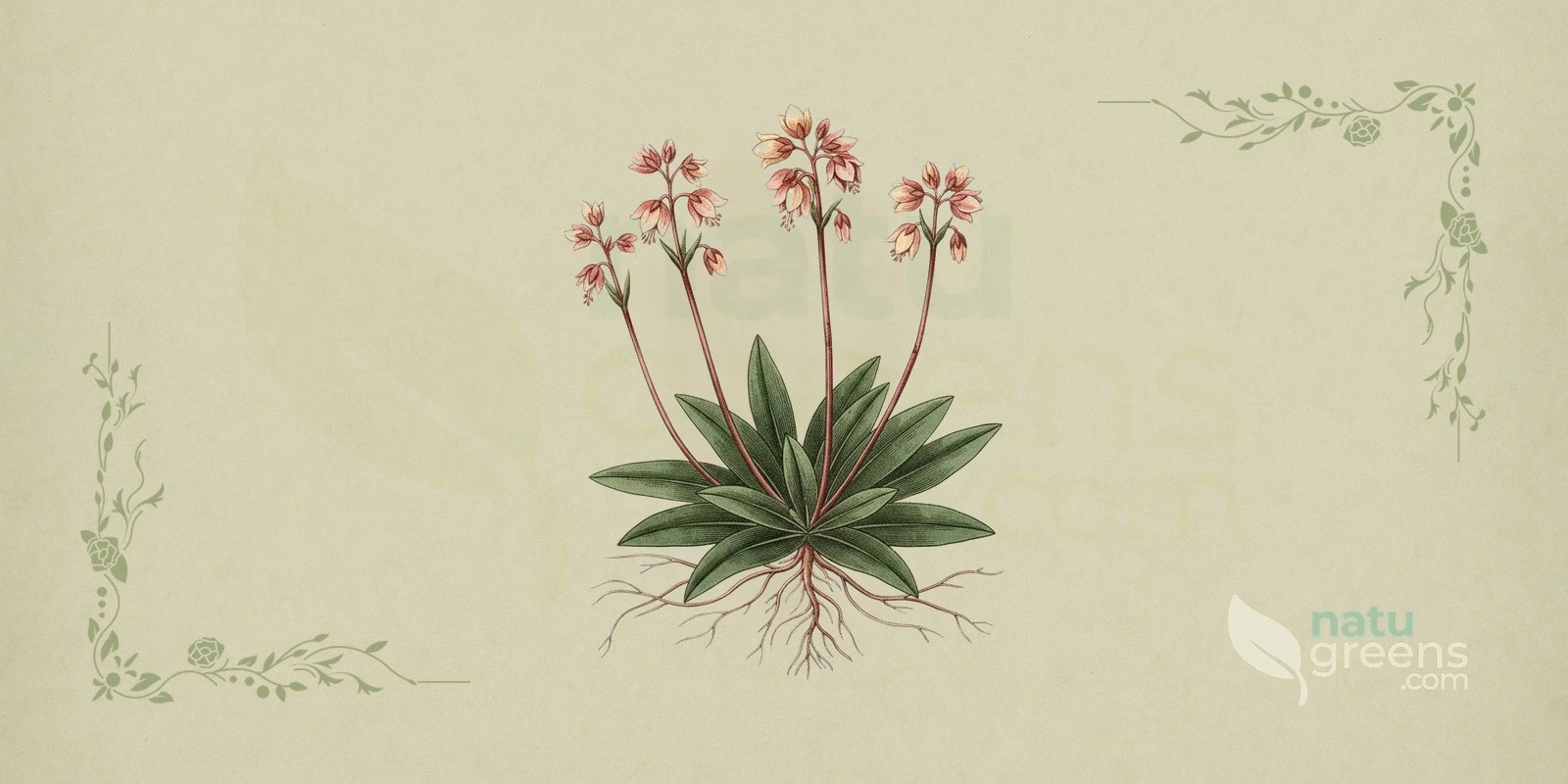 Botanical illustration of pipsissewa (Chimaphila umbellata) showing the whole plant with glossy, toothed evergreen leaves in whorls and an umbel of white to pinkish flowers, a member of the Ericaceae family.