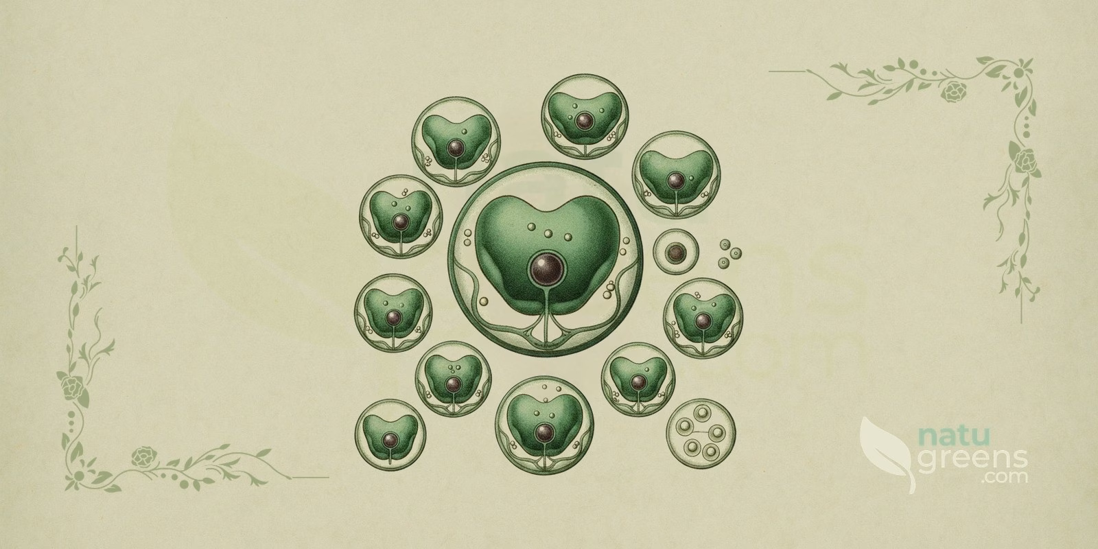 Clorela (Chlorella vulgaris): ilustração botânica de célula esférica verde-intensa com cloroplasto em taça, representando a microalga clorela usada em suplementos.