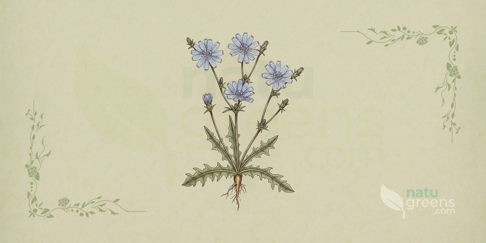 Chicory (Cichorium intybus): botanical illustration of the blue flowers, erect stem, and lobed leaves of chicory, a plant of the Asteraceae family.