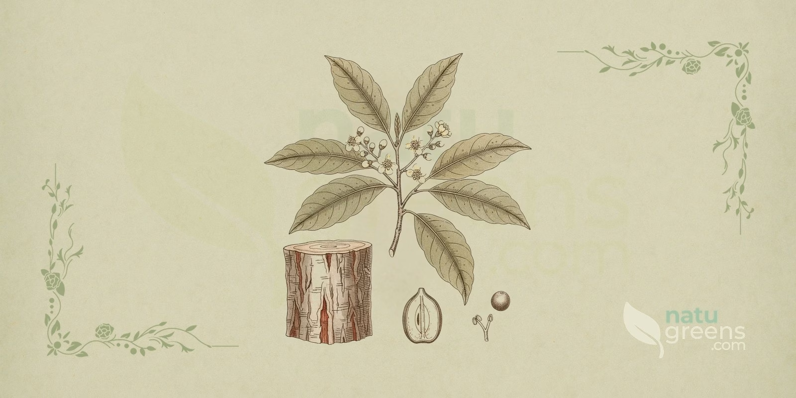 Camphor (Cinnamomum camphora) in a 19th-century encyclopedia-style botanical illustration, showing the camphor tree with dark green evergreen leaves, small flowers and globose fruits on a herbarium paper background.