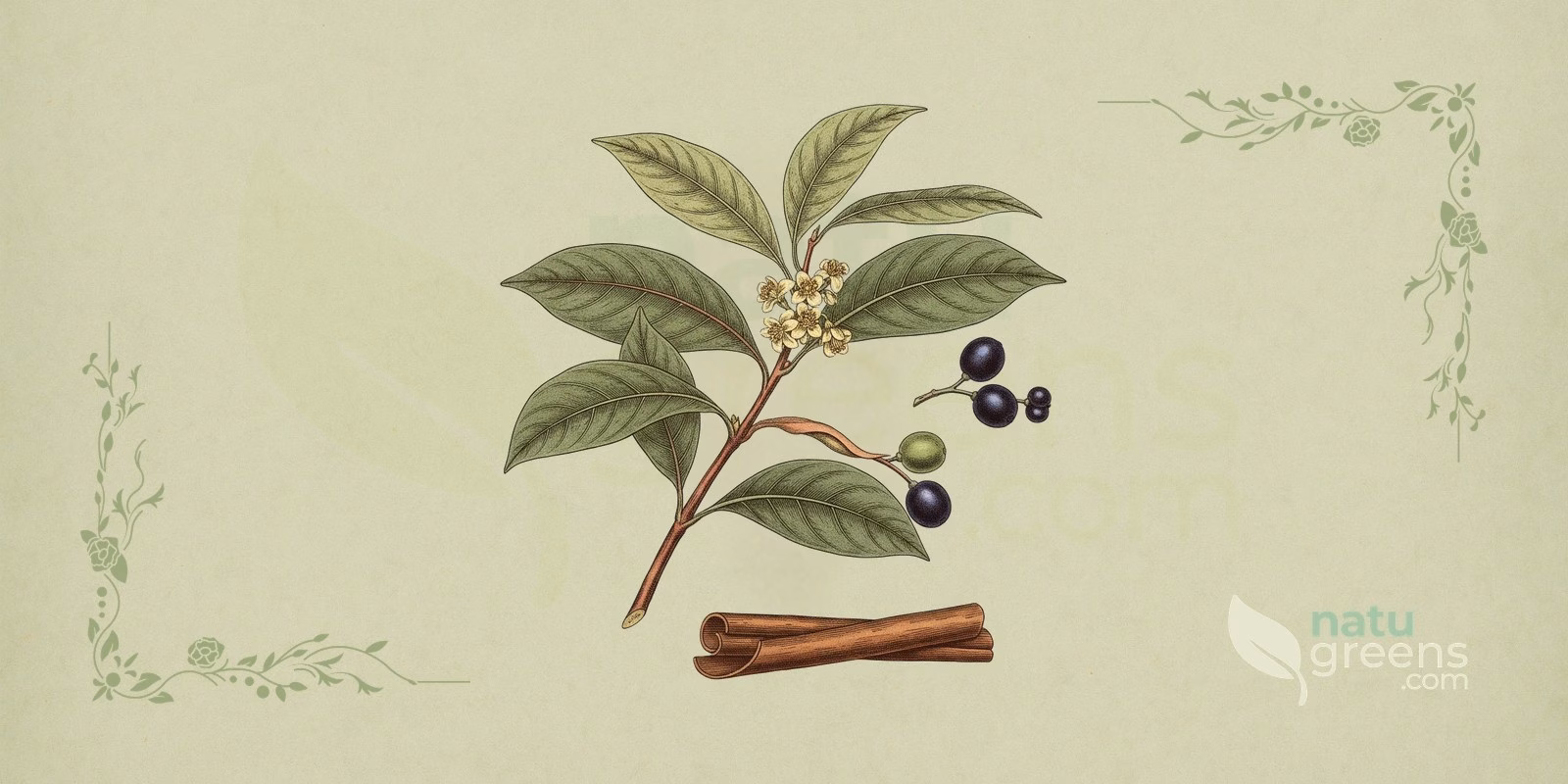 Chinese Cinnamon (Cinnamomum cassia): botanical illustration of a Chinese cinnamon branch with leathery oblong leaves marked by three prominent veins and small flowers clustered in panicles.