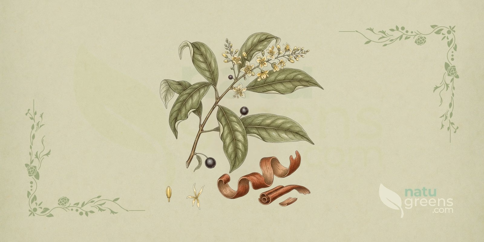 Ceylon Cinnamon (Cinnamomum verum): botanical illustration of the evergreen tree of the Lauraceae family and its pale bark rolled into quills, the spice known as cinnamon.