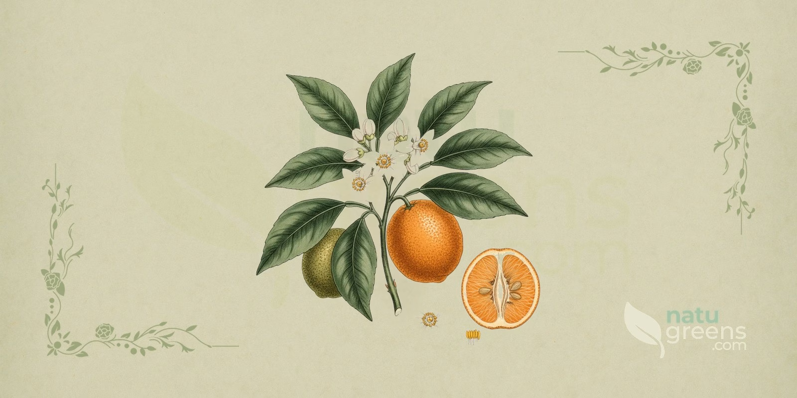 Bitter Orange (Citrus aurantium) in a botanical illustration with a branch of dark green leaves on winged petioles, white flowers and orange fruits with rough peel, typical of bitter orange.