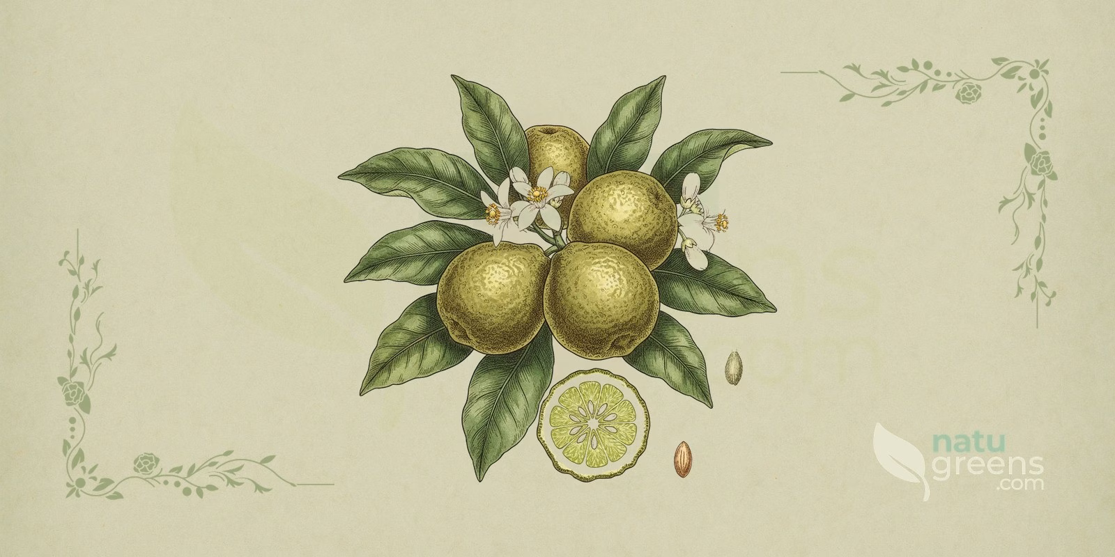 Bergamot orange (Citrus bergamia): botanical illustration of the tree with oval leaves, white flowers, and yellow-green citrus fruits typical of bergamot orange.
