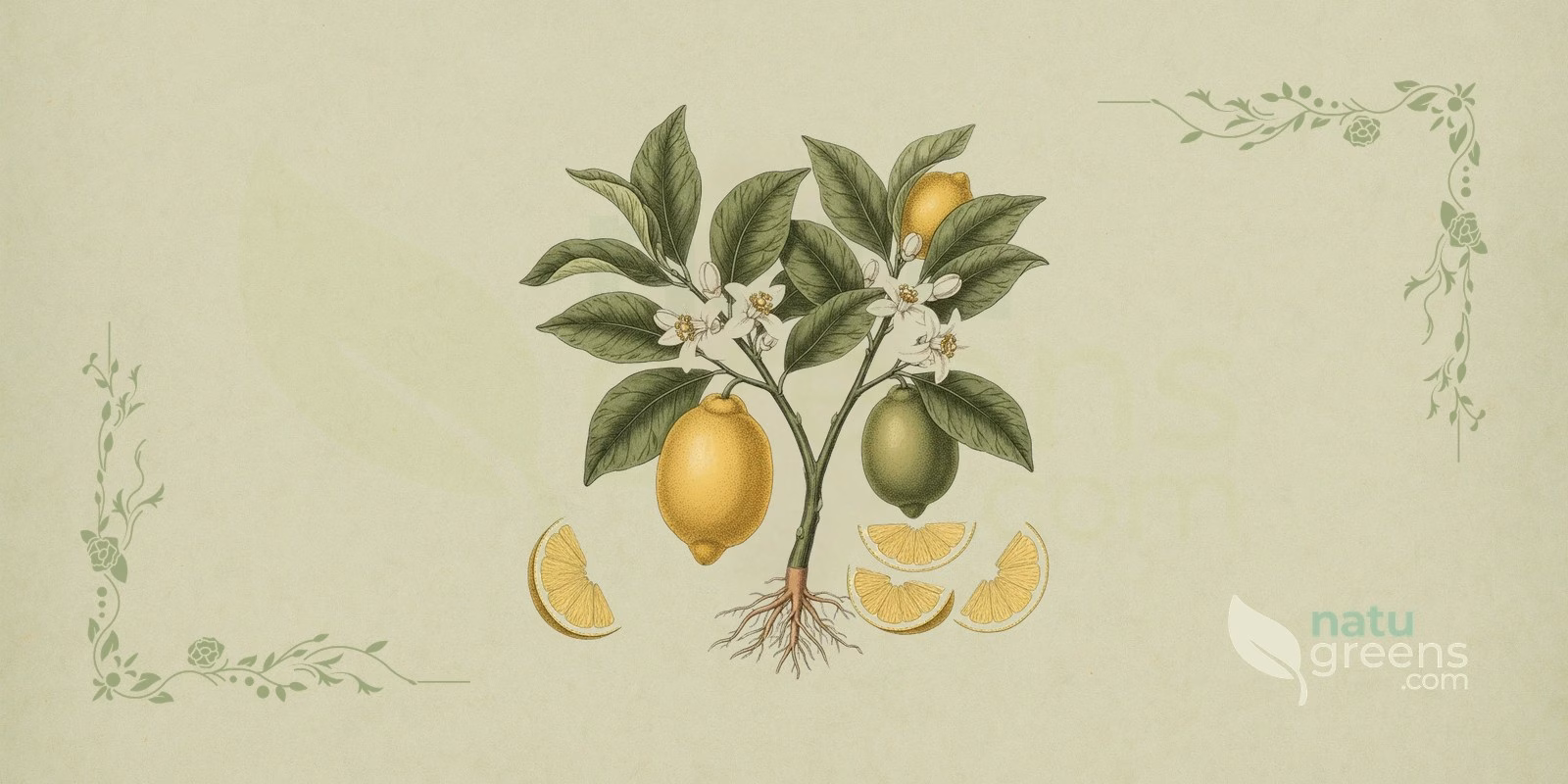 Lemon (Citrus × limon) in a botanical illustration, with a sprig of green leaves, white flowers and ovoid yellow fruits, a reference plate for identifying lemon.