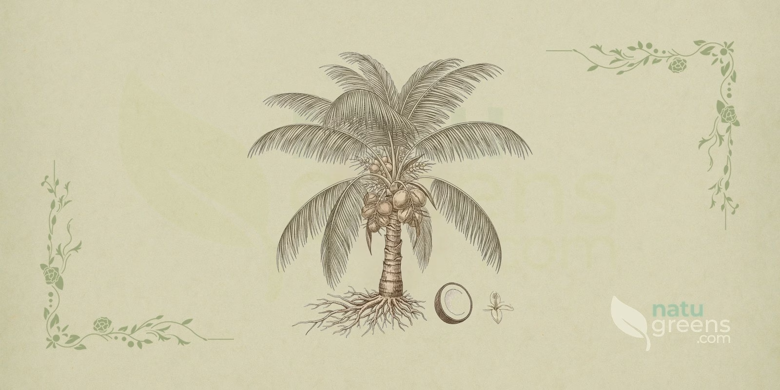 Coconut (Cocos nucifera): botanical illustration showing the tall stipe, pinnate fronds, and cluster of coconuts, a symbolic plant of tropical flora.