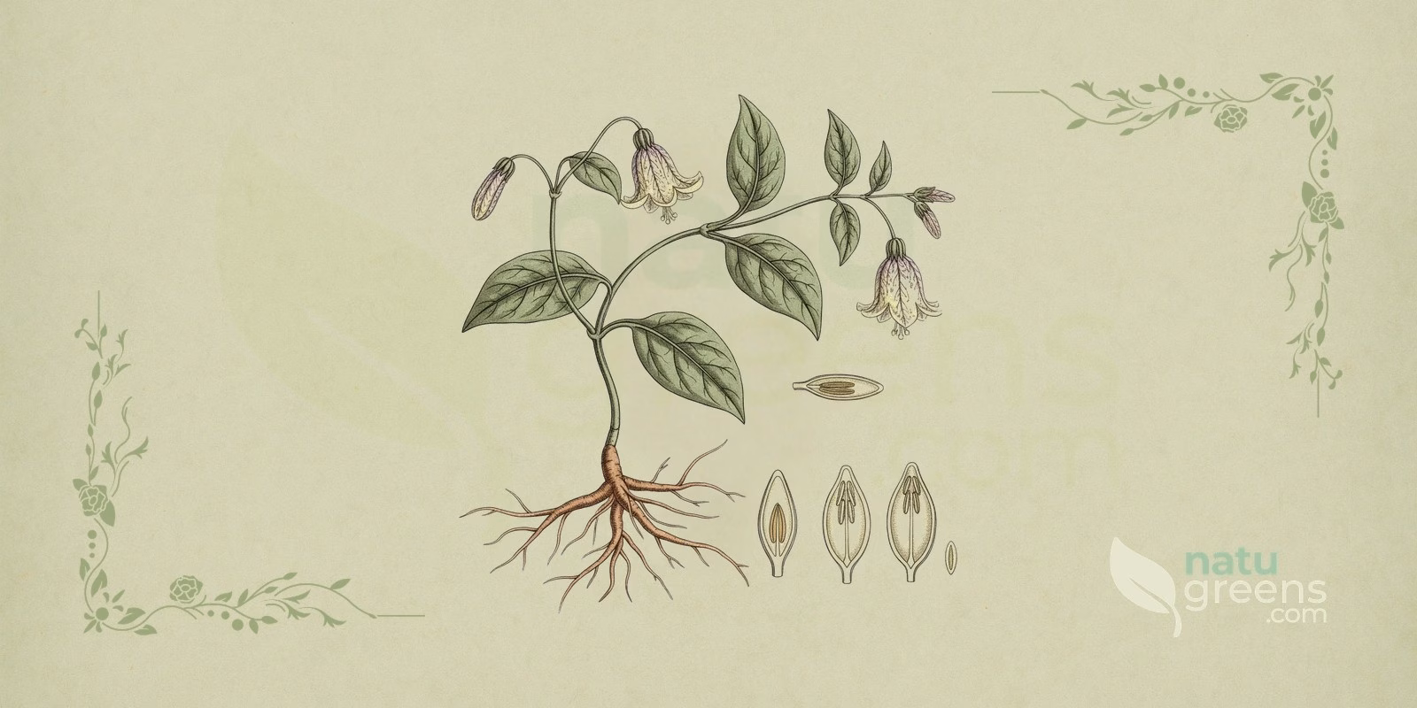 Codonopsis pilosula in a 19th-century encyclopedic-style botanical illustration, with cylindrical roots, thin climbing stems, oval leaves and greenish-yellow bell-shaped flowers with purple spots.