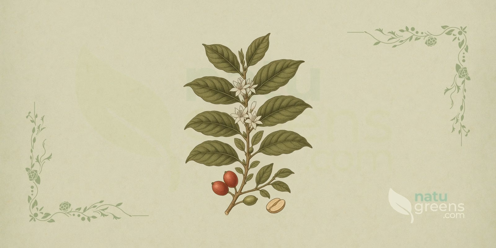 Arabica Coffee (Coffea arabica): branch with glossy opposite leaves, white flowers, and fruits (cherries) in shades of green and red, Arabica coffee of the Rubiaceae family.