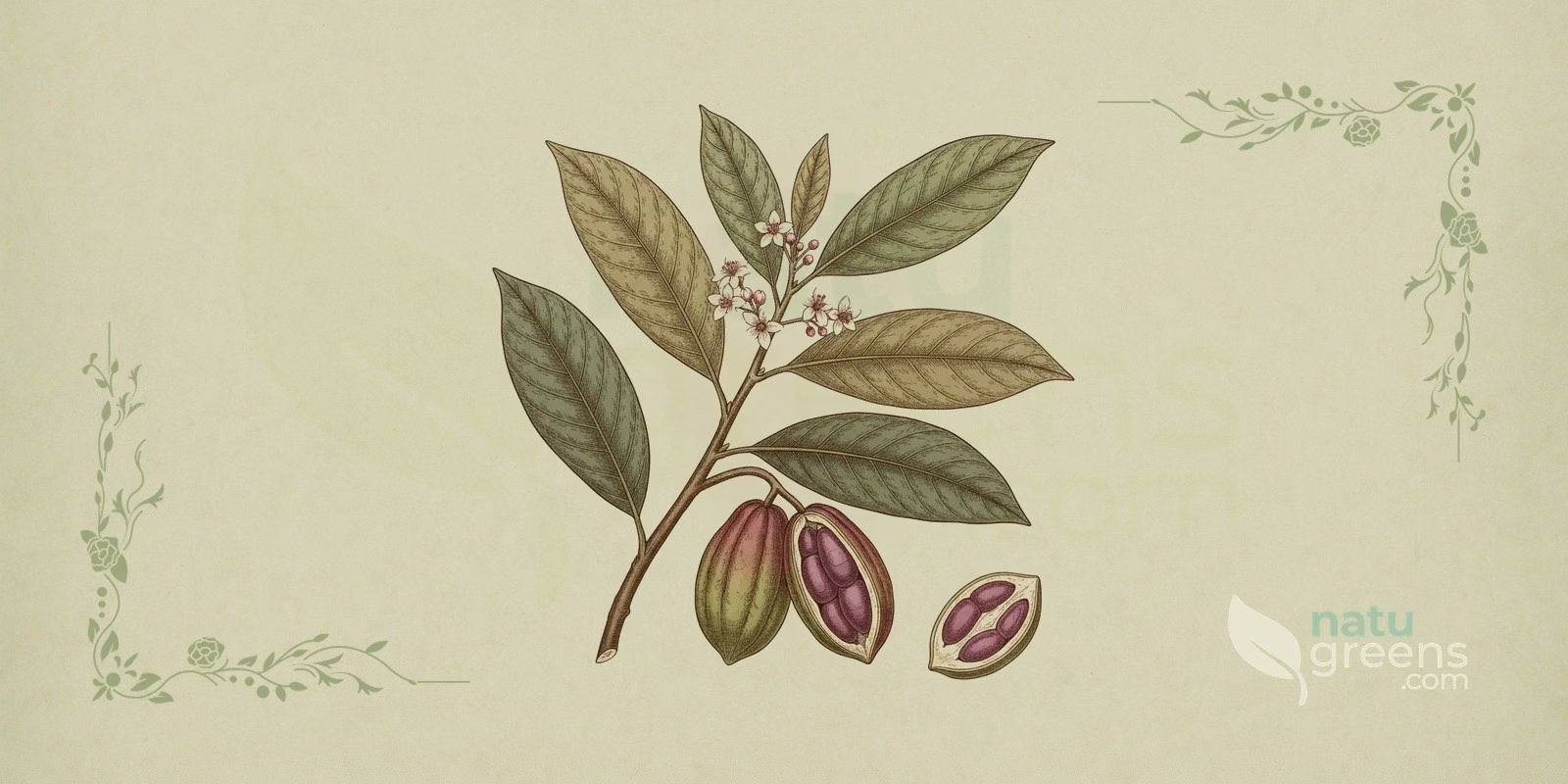 Kola Nut (Cola nitida): 19th-century encyclopedia-style botanical illustration showing the oval kola nut, whole and in cross-section with its cotyledons, on a sage-green herbarium paper background.