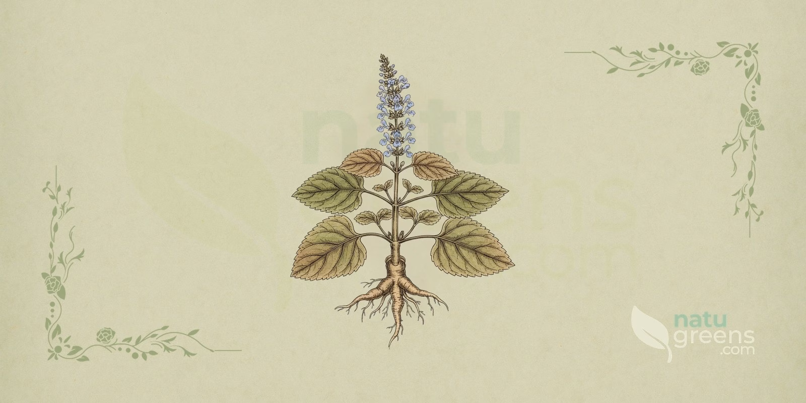 Indian coleus (Coleus barbatus) in a botanical illustration, with branches of opposite, velvety leaves and the bluish-purple flowers that identify Indian coleus, a shrub of the Lamiaceae family.