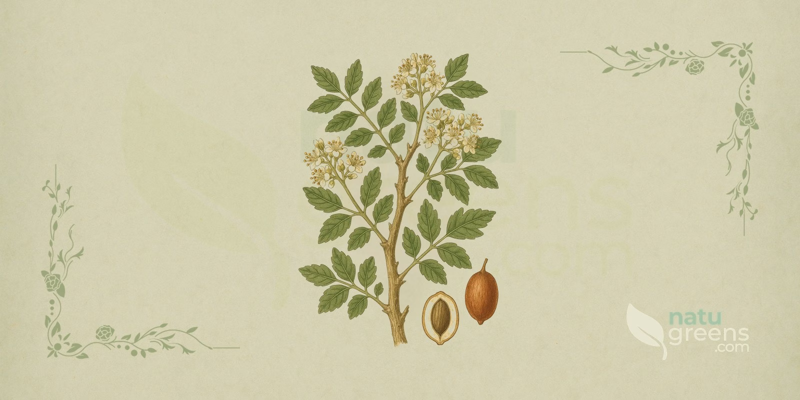 Mirra abissina (Commiphora erythraea) in un'illustrazione botanica con rami legnosi, fogliame e frammenti di gommoresina, specie di commiphora che fornisce l'opoponax della profumeria.