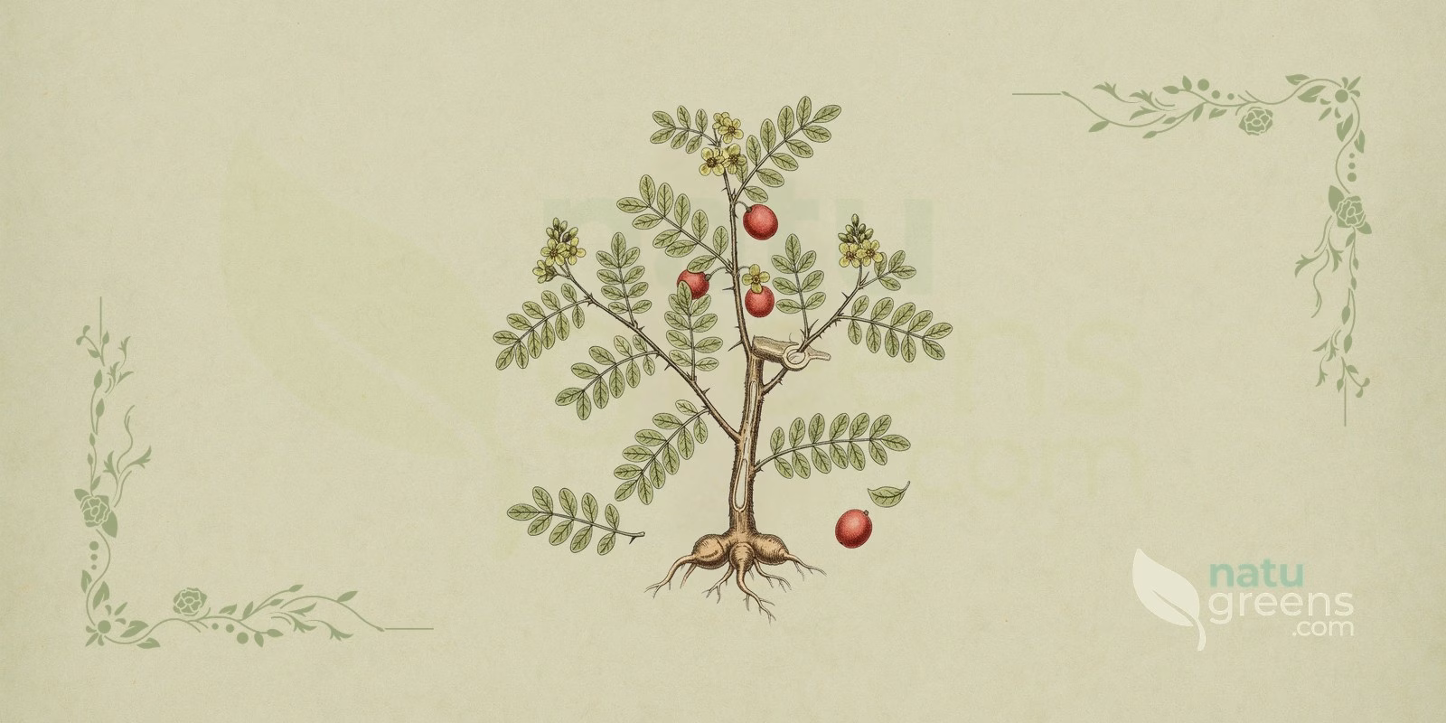 Guggul (Commiphora wightii): botanical illustration of the thorny shrub with thin bark, trifoliate leaves, and small reddish-purple flowers.